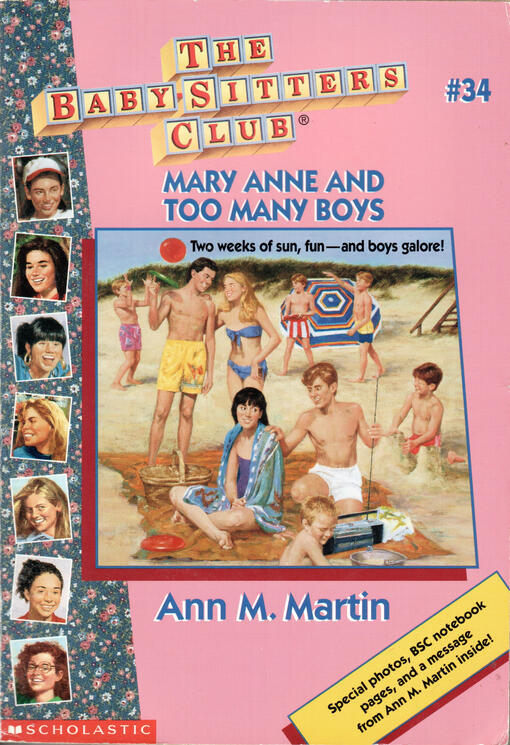 The Baby-Sitters Club #34: Mary Anne and Too Many Boys by Ann M. Martin a young girl is sitting on the beach on a towel surrounded by many boys and one girl who is is her best friend