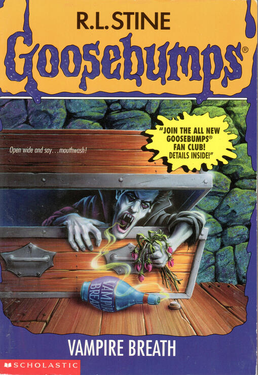 Goosebumps: Vampire Breath by R. L. Stin a pale man crawls out of a coffin with a bottle on the ground